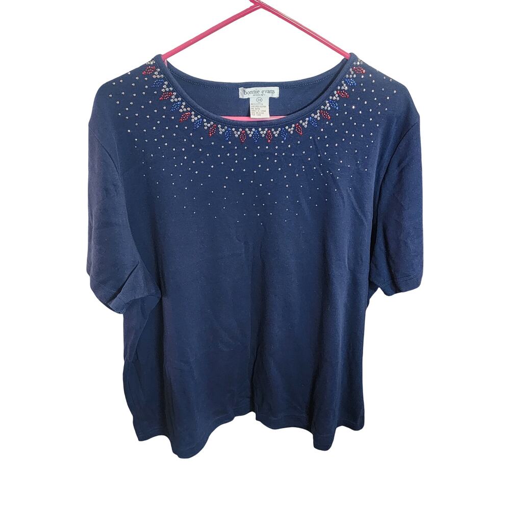 Bonnie Evans Blue Short Sleeve Blouse Studded Rhinestone Beaded Top 3X